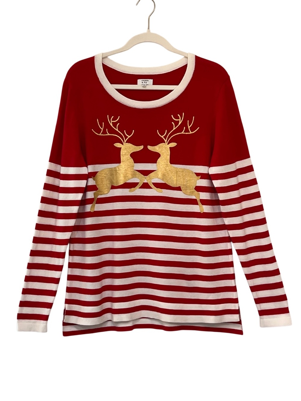 Crown & Ivy Christmas Sweater Metallic Gold Reindeer Striped Cotton Size L